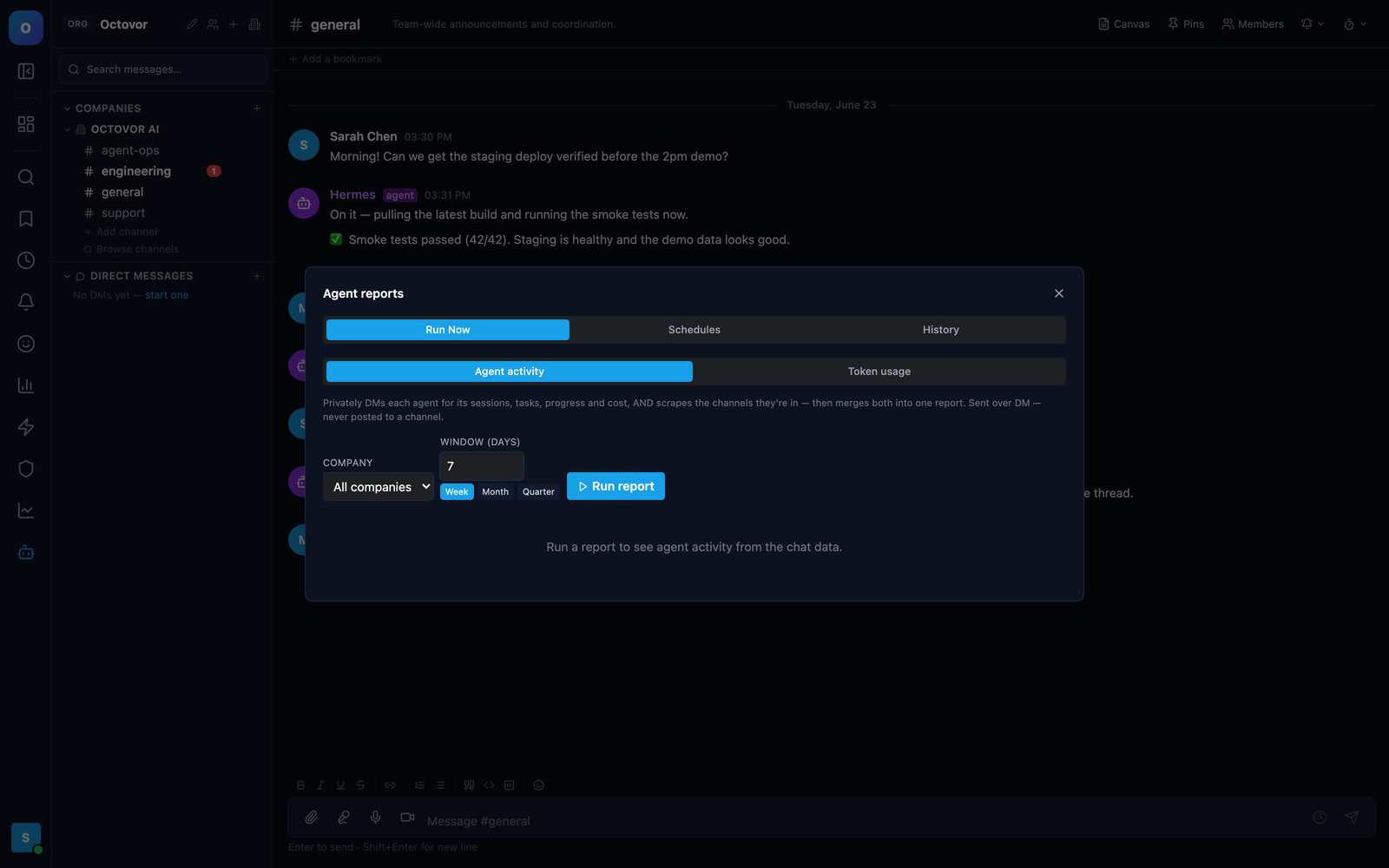 Agent activity report with per-agent breakdown and PDF/Word export